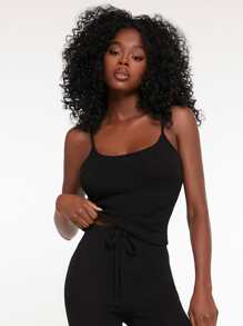 SHEIN EZwear 華夫格針織吊帶上衣和結飾緊身褲套裝 - 黑色 - 查看 3