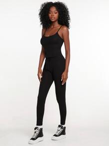 SHEIN EZwear 華夫格針織吊帶上衣和結飾緊身褲套裝 - 黑色 - 查看 4