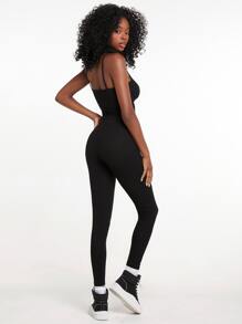 SHEIN EZwear 華夫格針織吊帶上衣和結飾緊身褲套裝 - 黑色 - 查看 5