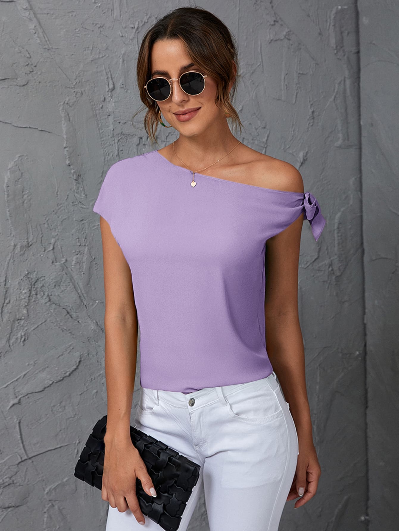 SHEIN Clasi 素色斜肩襯衫 - 紫丁香色 - 查看 1