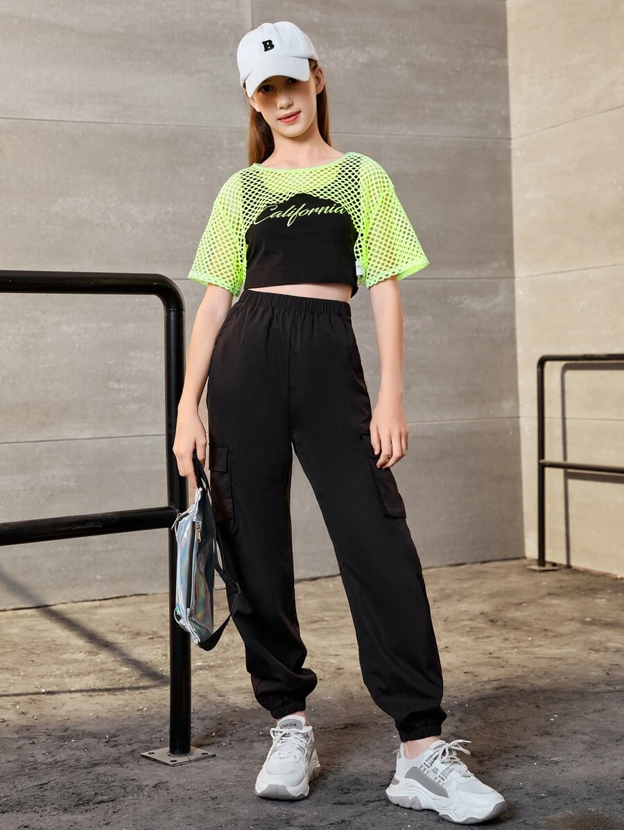 SHEIN 青少年女孩超短款T恤和字母圖案背心上衣和運動褲