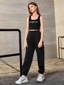 SHEIN 青少年女孩超短款T恤和字母圖案背心上衣和運動褲