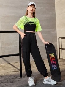 SHEIN 青少年女孩超短款T恤和字母圖案背心上衣和運動褲