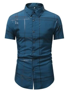 Manfinity Mode Men Plaid Button Through Shirt - Teal Blue - View 3