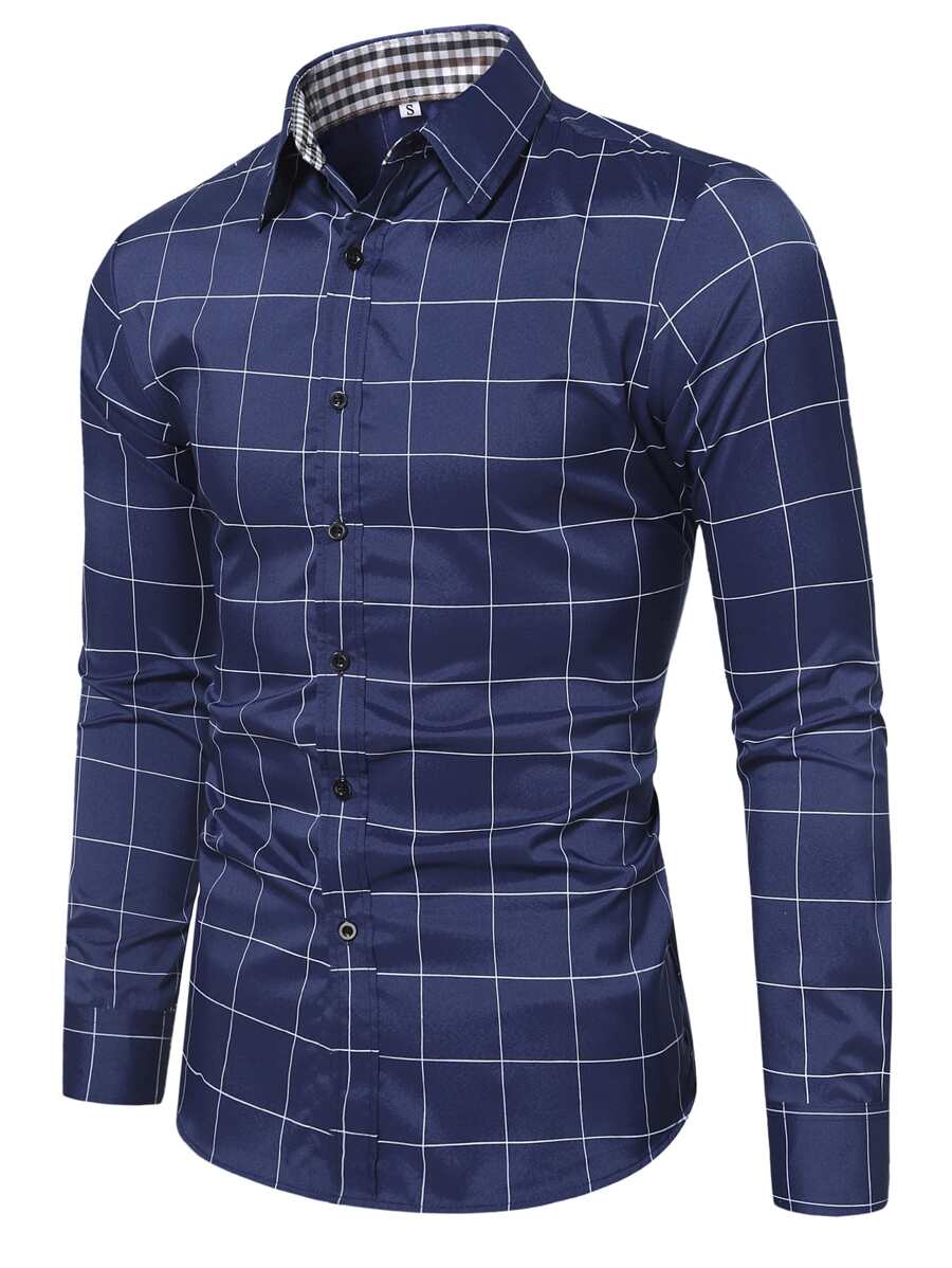 Manfinity Mode Men Grid Print Button Up Shirt - Navy Blue - View 1