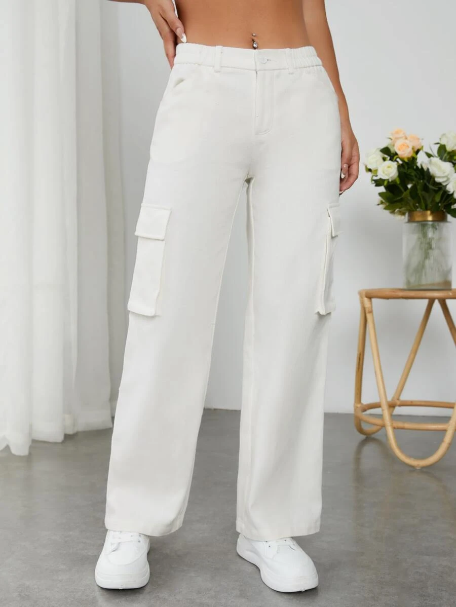 SHEIN PETITE Quần nữ Nút Túi Dây kéo màu trơn Giải trí - trắng - Xem 1