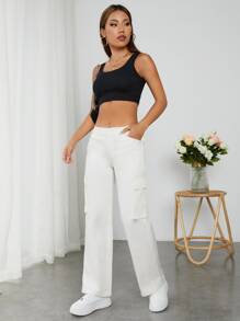 SHEIN PETITE Quần nữ Nút Túi Dây kéo màu trơn Giải trí - trắng - Xem 4