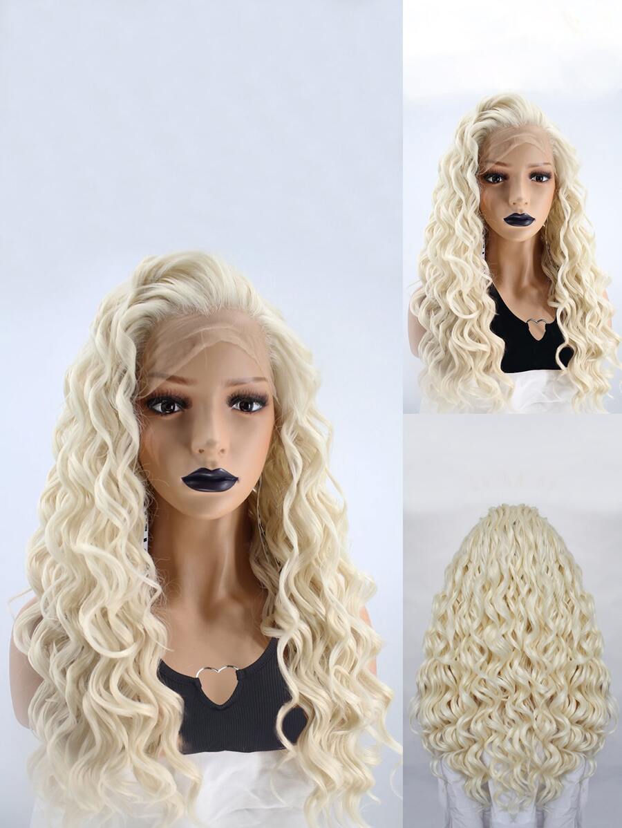 13*1.5 合成蕾絲前面部假髮,長白金色自然波浪卷曲的蕾絲前發型,用於時尚迷人的女性日常派對,無膠熱防纖維毛130%高密度24英寸自由分區杏色鬆散的水波狀自然拔出髮際線hd透明蕾絲假髮及1入組假髮帽 - 金色 - 查看 1