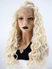13*1.5 合成蕾絲前面部假髮,長白金色自然波浪卷曲的蕾絲前發型,用於時尚迷人的女性日常派對,無膠熱防纖維毛130%高密度24英寸自由分區杏色鬆散的水波狀自然拔出髮際線hd透明蕾絲假髮及1入組假髮帽 - 金色 - 查看 5