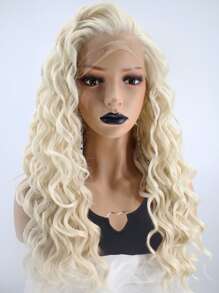 13*1.5 合成蕾絲前面部假髮,長白金色自然波浪卷曲的蕾絲前發型,用於時尚迷人的女性日常派對,無膠熱防纖維毛130%高密度24英寸自由分區杏色鬆散的水波狀自然拔出髮際線hd透明蕾絲假髮及1入組假髮帽 - 金色 - 查看 4