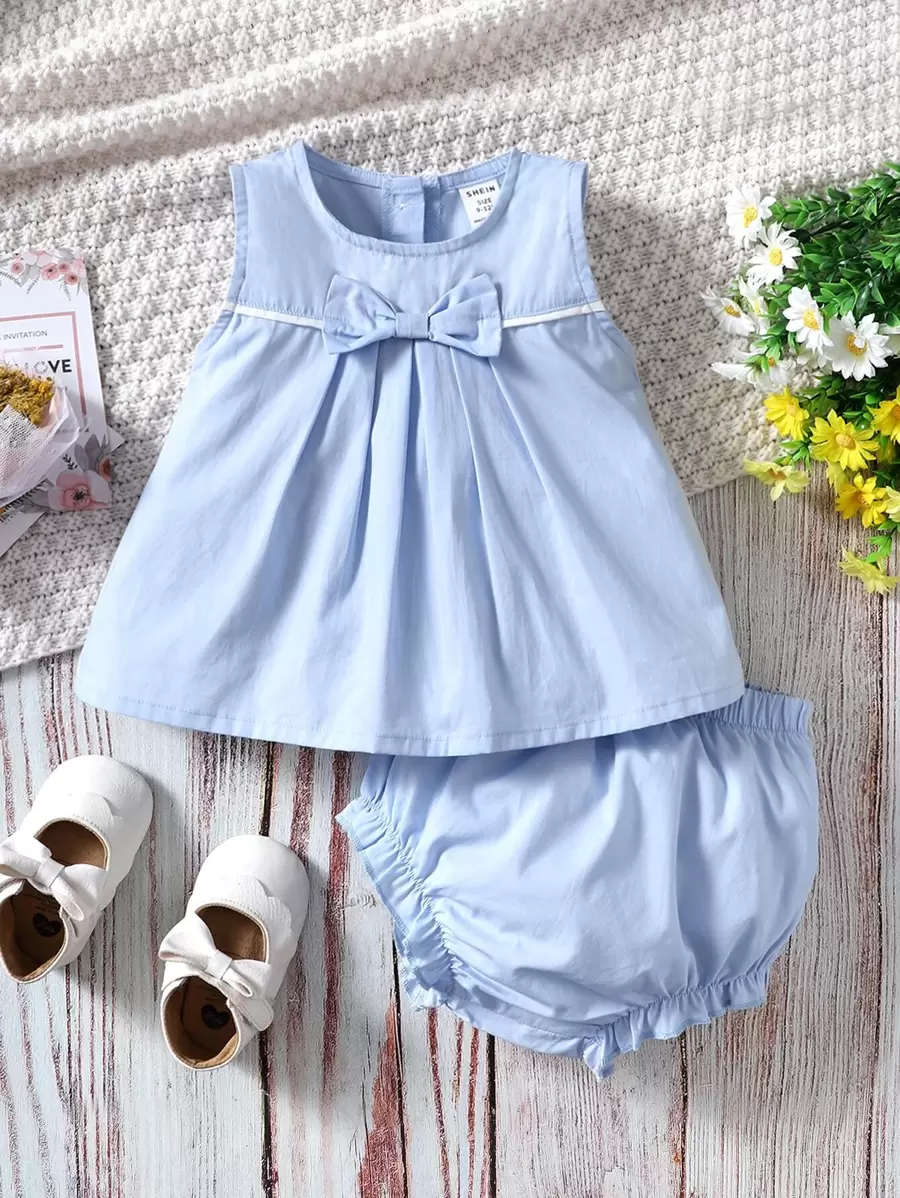 SHEIN Baby Girl Bow Front Plicated Detail Top & Frill Trim Shorts - Baby Blue - View 1