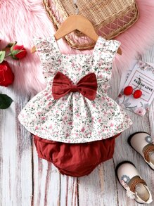 Baby Girl Floral Print Bow Front Ruffle Trim Top & Shorts - Red and White - View 3
