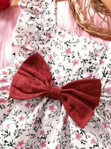 Baby Girl Floral Print Bow Front Ruffle Trim Top & Shorts - Red and White - View 4