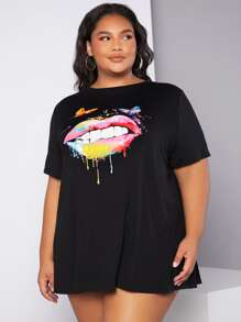 SHEIN CURVE+ Vestido estilo camiseta salpicaduras de tinta & con estampado de mariposa - Negro - Ver 4