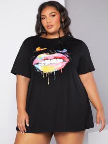 SHEIN CURVE+ Vestido estilo camiseta salpicaduras de tinta & con estampado de mariposa - Negro - Ver 5