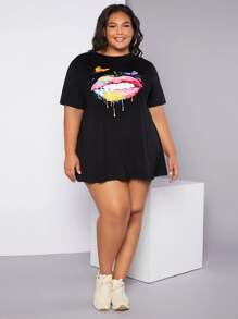 SHEIN CURVE+ Vestido estilo camiseta salpicaduras de tinta & con estampado de mariposa - Negro - Ver 3