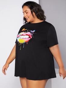 SHEIN CURVE+ Vestido estilo camiseta salpicaduras de tinta & con estampado de mariposa - Negro - Ver 7
