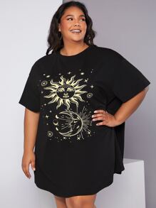 SHEIN CURVE+ Plus Sun & Moon Print Drop Shoulder Tee Dress - Black - View 2