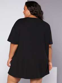 SHEIN CURVE+ Plus Sun & Moon Print Drop Shoulder Tee Dress - Black - View 3