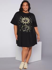 SHEIN CURVE+ Plus Sun & Moon Print Drop Shoulder Tee Dress - Black - View 4