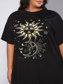 SHEIN CURVE+ Plus Sun & Moon Print Drop Shoulder Tee Dress - Black - View 5
