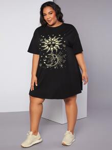 SHEIN CURVE+ Plus Sun & Moon Print Drop Shoulder Tee Dress - Black - View 7