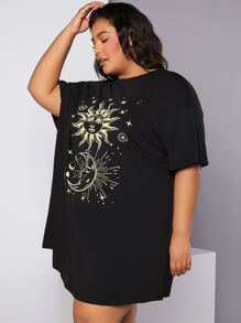 SHEIN CURVE+ Plus Sun & Moon Print Drop Shoulder Tee Dress - Black - View 1