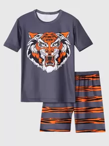 Boys Tiger Print Snug Fit PJ Set - Dusty Blue - View 1