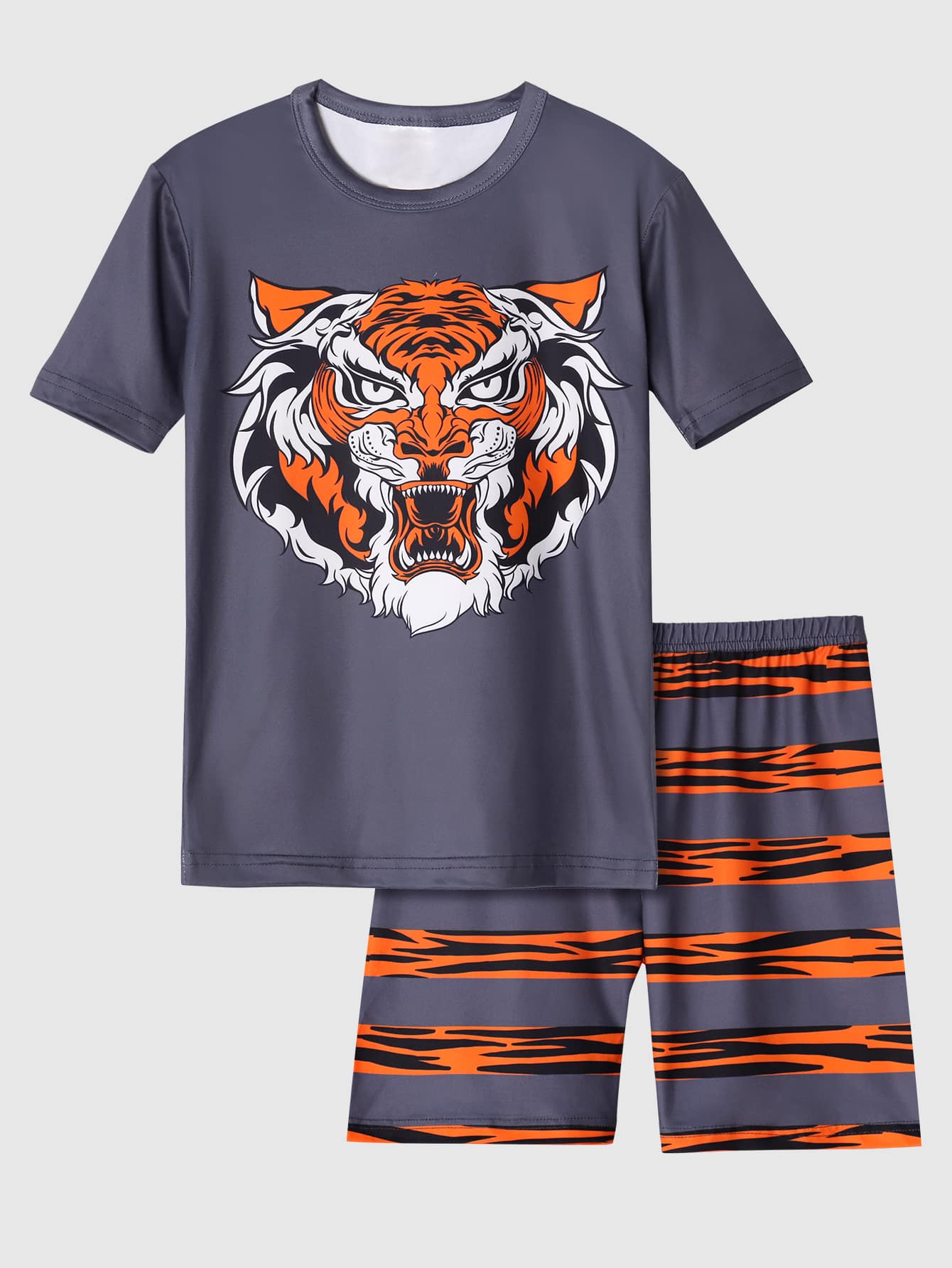 Boys Tiger Print Snug Fit PJ Set - Dusty Blue - View 1
