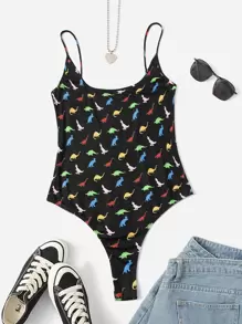 Body de tirantes con estampado de dinosaurio de espalda U - Negro - Ver 1