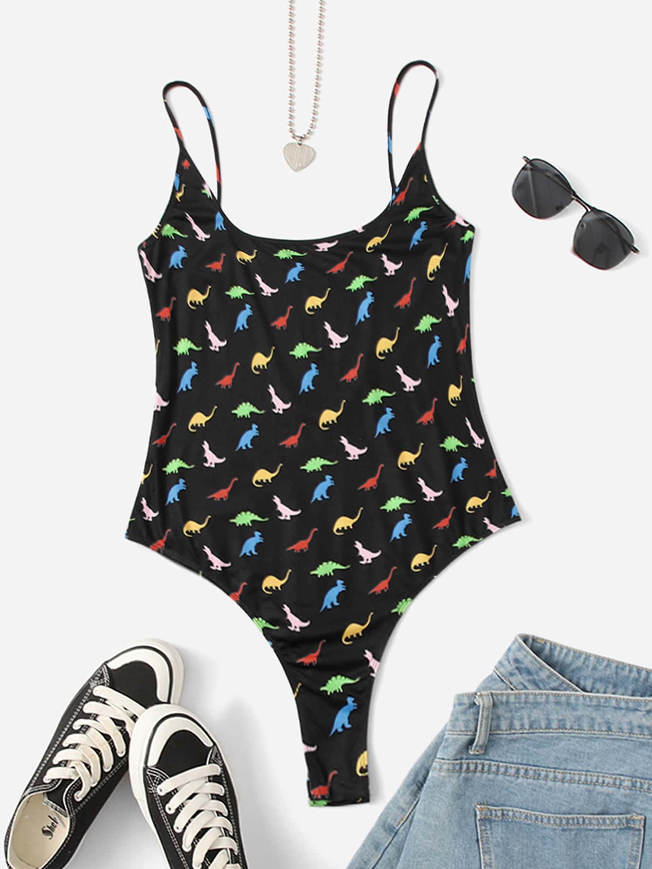 Body de tirantes con estampado de dinosaurio de espalda U - Negro - Ver 1