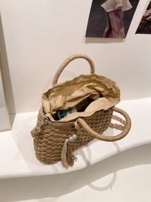 Portable, Lightweight Tassel Decor Drawstring Design Straw Bag, Teacher, For Teen Girls Women College Students Perfect For School, College, Teachers' Day, Outdoors, Travel, Outings, Back To School, Classic Casual, Suitable For Teen Girls Women College Students Holiday, Beach, Vacation, Eye-Catching Beach Bag Summer, Summer Straw Beach Bag For Women, Hottest Beach Bags For Women, Fashion Summer Vacation Bag, Beach Essentials Women Bags For Vacation & Holiday, Newest Holiday Bag