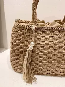 Portable, Lightweight Tassel Decor Drawstring Design Straw Bag, Teacher, For Teen Girls Women College Students Perfect For School, College, Teachers' Day, Outdoors, Travel, Outings, Back To School, Classic Casual, Suitable For Teen Girls Women College Students Holiday, Beach, Vacation, Eye-Catching Beach Bag Summer, Summer Straw Beach Bag For Women, Hottest Beach Bags For Women, Fashion Summer Vacation Bag, Beach Essentials Women Bags For Vacation & Holiday, Newest Holiday Bag