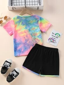 SHEIN 少女心印花染色t恤和對比色邊緣短褲 - 彩色 - 查看 2