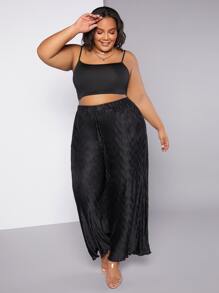 SHEIN CURVE+ Plus Lettuce Trim Wide Leg Trousers - Black - View 3