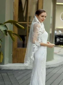 Mạng che mặt cô dâu thêu hoa trang trí ngọc trai giả - Màu be - Xem 2