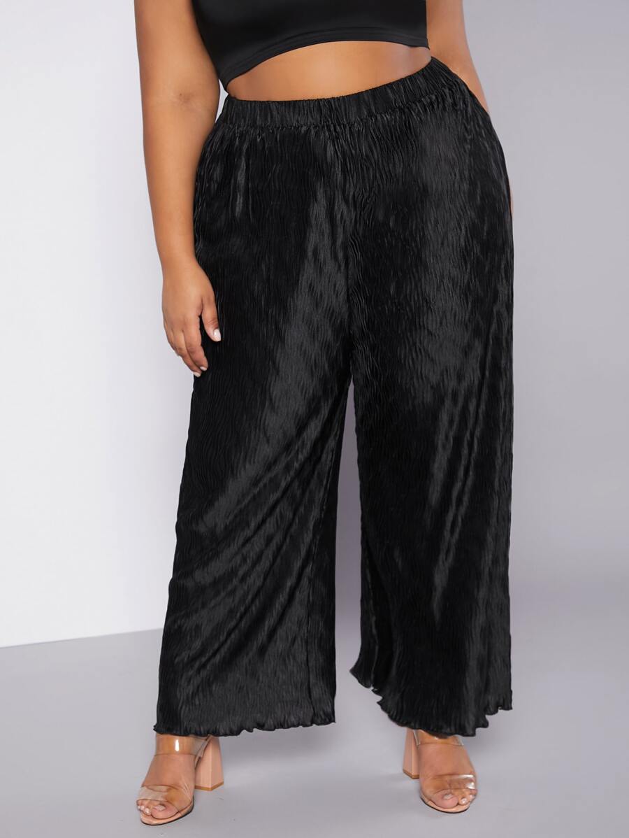 SHEIN CURVE+ Plus Lettuce Trim Wide Leg Trousers - Black - View 1