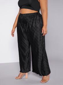 SHEIN CURVE+ Plus Lettuce Trim Wide Leg Trousers - Black - View 5