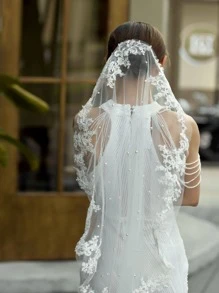 Mạng che mặt cô dâu thêu hoa trang trí ngọc trai giả - Màu be - Xem 5