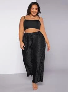 SHEIN CURVE+ Plus Lettuce Trim Wide Leg Trousers - Black - View 6