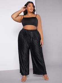 SHEIN CURVE+ Plus Lettuce Trim Wide Leg Trousers - Black - View 7