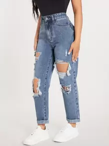 SHEIN PETITE 破洞鏤空直筒牛仔褲