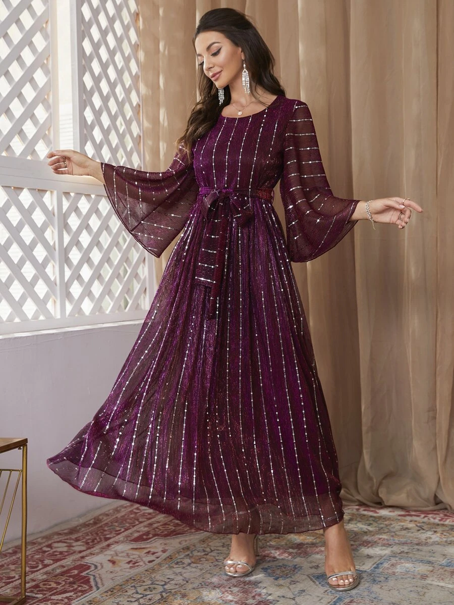 Modelyn Burgundy Red Flounce Sleeve Belted Sequins Dress - Burgundy - View 1