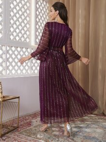 Modelyn Burgundy Red Flounce Sleeve Belted Sequins Dress - Burgundy - View 2