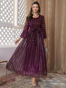 Modelyn Burgundy Red Flounce Sleeve Belted Sequins Dress - Burgundy - View 3
