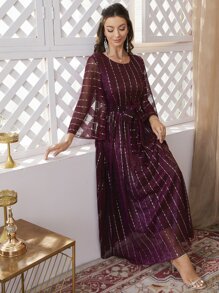 Modelyn Burgundy Red Flounce Sleeve Belted Sequins Dress - Burgundy - View 4