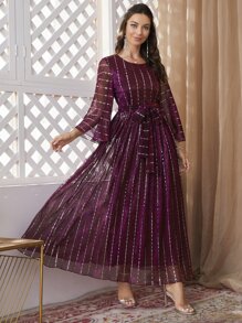 Modelyn Burgundy Red Flounce Sleeve Belted Sequins Dress - Burgundy - View 5