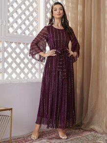 Modelyn Burgundy Red Flounce Sleeve Belted Sequins Dress - Burgundy - View 6