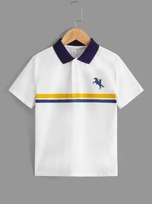 SHEIN 男孩馬和人像圖案拼接領POLO衫