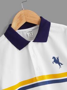 SHEIN 男孩馬和人像圖案拼接領POLO衫